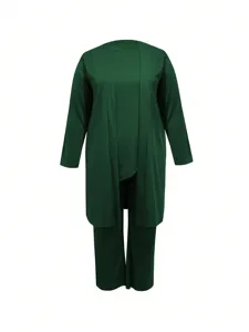 Dark green women's three-piece cardigan set detail, casual plus size long sleeve outfit.