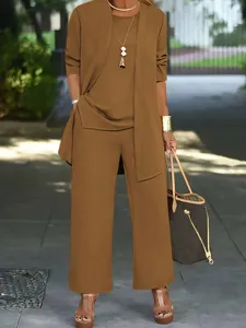 Women's solid brown 3-piece casual pants set detail view, featuring cardigan and wide-leg trousers.