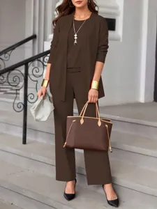 Elegant women's three-piece pantsuit in deep brown, featuring cardigan, top, and wide trousers.