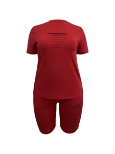 Plus size women summer sexy cut-out short sleeve t-shirt and biker shorts two-piece red.