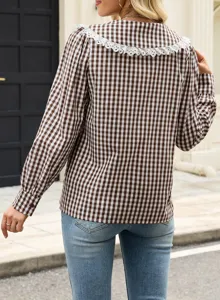 Chemisier femme marron à carreaux manches longues avec col claudine en dentelle blanche