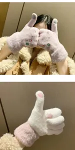 Cute winter plush touchscreen gloves for women, warm thick fuzzy mittens with sweet details.