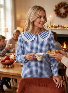 Vue détaillée d'une chemise à manches longues vichy bleu et blanc avec col poupée en dentelle.