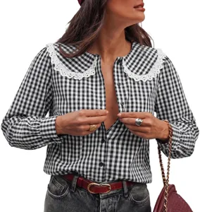 Femme chemisier carreaux noir blanc manches longues col Claudine style doux détail