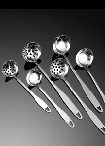 Ensemble louche à soupe et écumoire en acier inoxydable, long manche ustensiles de cuisine détail