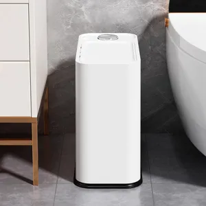 Narrow trash can with press lid, slim bathroom garbage bin for tight spaces, modern white.