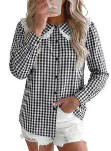 Chemisier à manches longues écossais noir et blanc pour femme avec col claudine en dentelle.