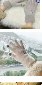 Winter fleece-lined touchscreen knitted gloves with cute snowman embroidery and plush cuffs.
