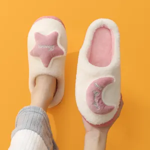 Winter Warm Plush Cotton Slippers Couples Indoor Anti-Slip Thick Sole Cute Star Moon Embroidery House Slippers