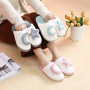 Cozy plush slippers with cute moon star embroidery, warm indoor fuzzy shoes for couples.