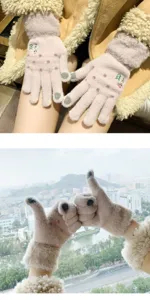 Women winter plush knit touch screen gloves with cute snowman embroidery and warm fleece lining.
