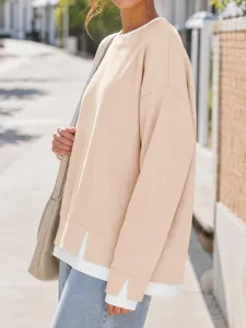 Felpa donna girocollo maniche lunghe blocco colore stile casual con dettaglio orlo