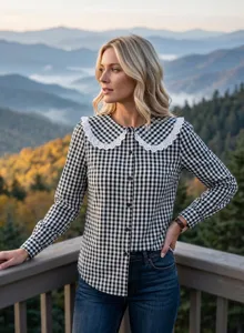 Chemisier à carreaux noir et blanc chic pour femme avec col Claudine brodé.