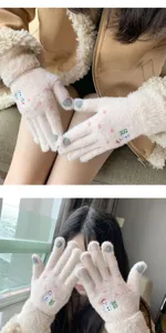Cute snowman plush touchscreen gloves for women winter warm thick fleece knit mittens detail.