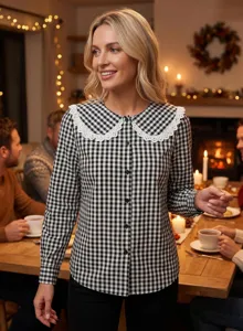 Chemisier à carreaux noir et blanc femme manches longues col poupée dentelle mode chic.