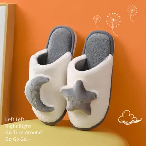 Fluffy house slippers for women and men, cute star and moon plush winter warm shoes.