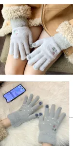 Grey winter touch screen gloves for women with cute snowman embroidery and plush warm lining.