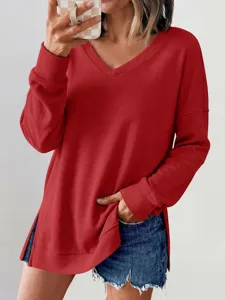 Γυναικείο μονόχρωμο T-shirt με V λαιμόκοψη και μακριά μανίκια βάφλα casual τοπ.