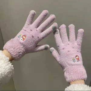 Women winter warm touchscreen knit gloves with cute snowman embroidery and plush cuffs.