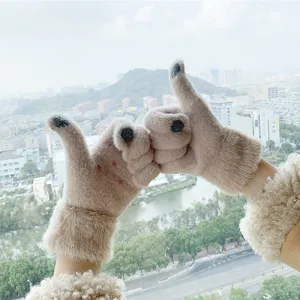 Winter plush touch screen warm gloves for women, thick fleece lined cute knit cold weather gear.