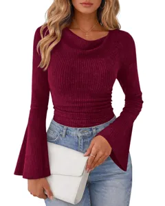 Bourgondische geribbelde top met lange mouwen dames klokmouwen herfst mode shirt