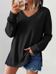 Γυναικείο μονόχρωμο v-neck χαλαρό μακρυμάνικο waffle t-shirt τοπ άποψη λεπτομέρειας
