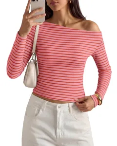 Women casual striped off shoulder long sleeve top summer slim fit fashion tee shirt