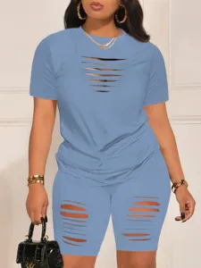 Blue distressed cutout short sleeve t-shirt and shorts summer casual two piece set for women