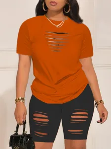 Details of women summer hollow ripped t-shirt shorts set sexy casual plus size outfit