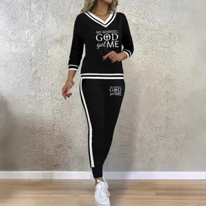 Damen Zweiteiler Trainingsanzug Langarm V-Ausschnitt Pullover Top passend Freizeithose.