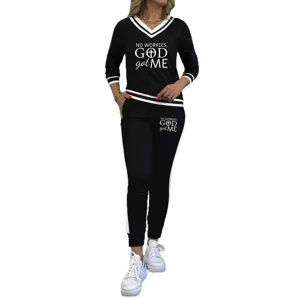 Damen 2-teiliger Trainingsanzug Set V-Ausschnitt Langarm Top und Hose Freizeit schwarz