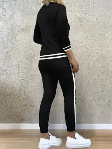 Damen schwarz weiß lässiger Trainingsanzug Langarm Oberteil Hose Sportswear Set Outfit