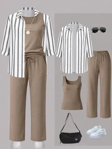 Women's Casual 3 Piece Set Polyester Striped Shirt Vest And Long Pants Khaki Navy Blue Wine Red Daily Fashion Co-ords Outfits