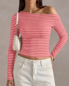 2026 summer new women's fashion casual striped off-shoulder long sleeve knit top t-shirt