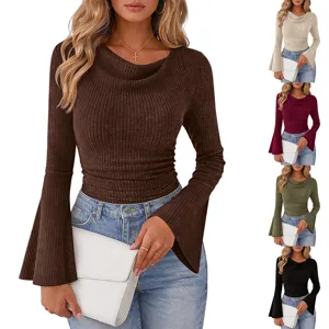 Dames Casual Effen Kleur Lange Mouw Uitlopende Mouw Col Slim Fit Geriband Geborsteld T Shirt Voor Dagelijkse Straatstijl