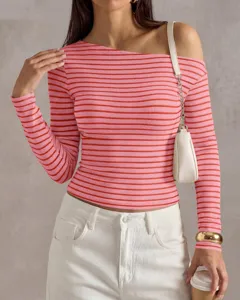 Stylish women casual striped one-shoulder long sleeve top, slim fit knit shirt detail.