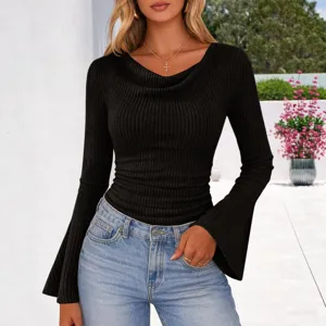 Dames Zwart Geriband Langs Mouw Uitlopende Mouw Top Casual Herfst Mode Elegante