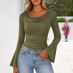 Vrouwen Herfst Effen Geribbeld Lange Mouwen Uitlopende Mouw Waterval Hals Topje Casual