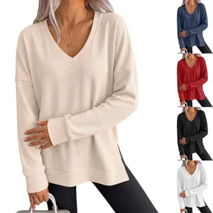 Γυναικείο Casual V-Neck Long Sleeve Waffle Knit T Shirt Solid Color Loose Pullover Top Fall Fashion Basic Blouse