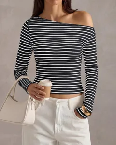 Women black and white striped off shoulder long sleeve top casual stylish tee shirt
