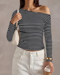 Black and white striped one shoulder long sleeve top for women casual stylish t-shirt