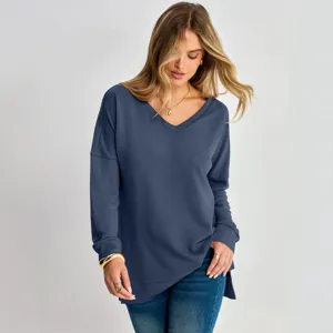 Γυναικείο μονόχρωμο V-neck πλεκτό βάφλα μακρυμάνικο φαρδύ t-shirt τοπ στούντιο