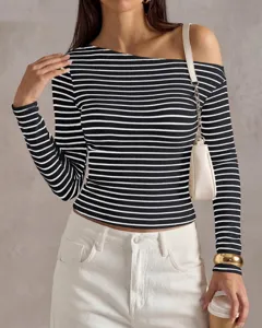 Close-up detail of women's casual black and white striped off-shoulder long sleeve top.