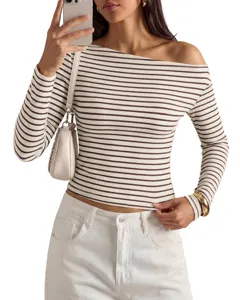 Women stylish striped off shoulder long sleeve t-shirt casual slim fit top chic daily wear