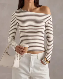 Detailed view of women casual striped one-shoulder long sleeve slim fit top in detail.