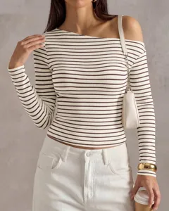 Women elegant striped off shoulder long sleeve t shirt casual slim fit stylish top.