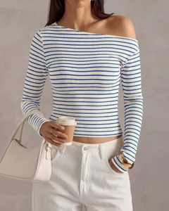 Women Fashion Casual Striped Off-Shoulder Long Sleeve T-Shirt Summer New Apparel Style