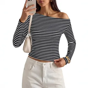 Women black white striped off shoulder long sleeve top casual slim fit fashion t-shirt