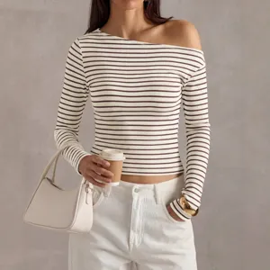 Women striped off shoulder long sleeve t shirt casual slim fit stylish top for summer wear