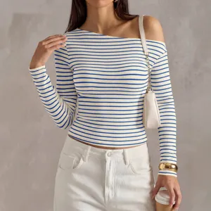 Fashion women blue white striped asymmetric one shoulder long sleeve slim fit top casual chic.